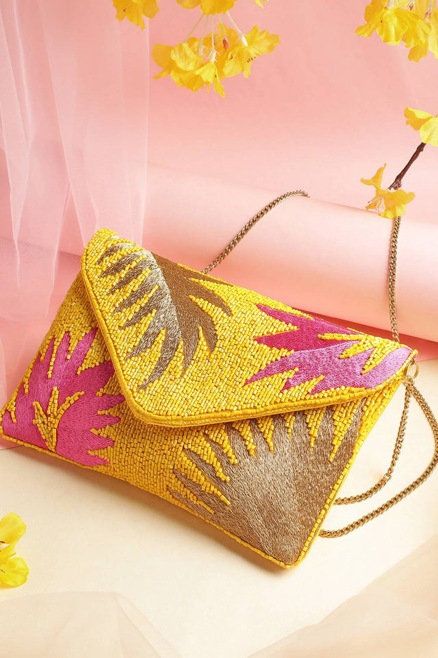 Yellow Palm Leaf Embroidered Satin Sling Bag