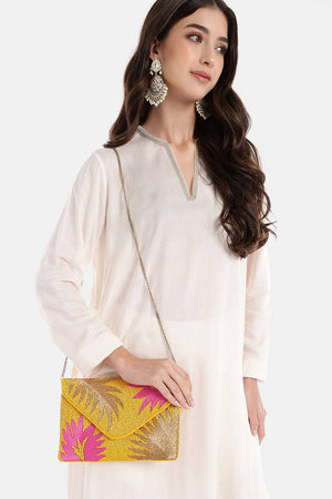Yellow Palm Leaf Embroidered Satin Sling Bag