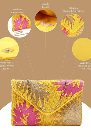 Yellow Palm Leaf Embroidered Satin Sling Bag