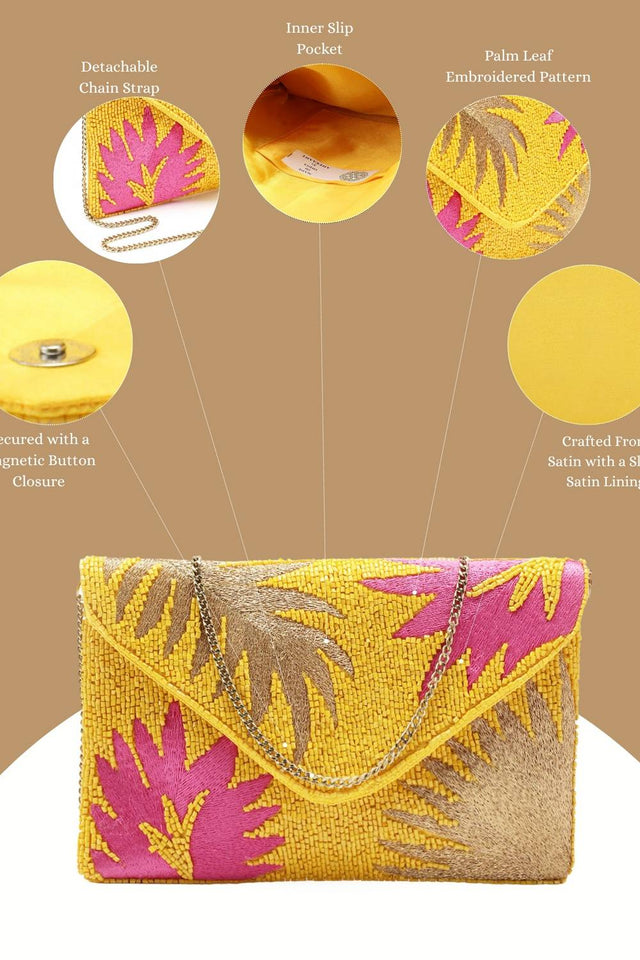 Yellow Palm Leaf Embroidered Satin Sling Bag