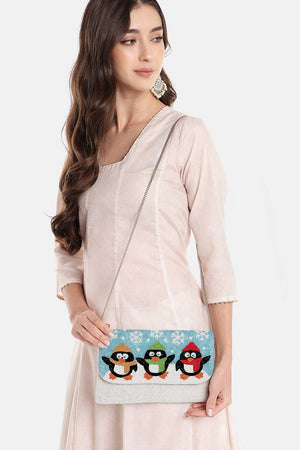 Light Blue Quirky Beaded Canvas Sling Bag