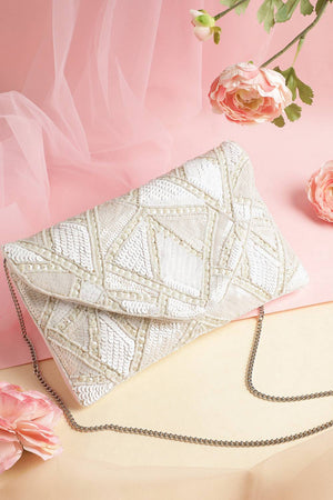 Cream Geometric Sequinned Canvas Sling Bag