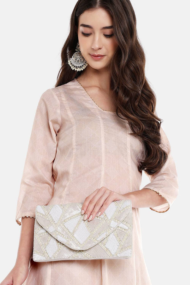 Cream Geometric Sequinned Canvas Sling Bag