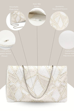 Cream Geometric Sequinned Canvas Sling Bag