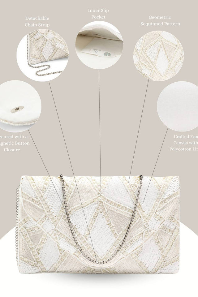 Cream Geometric Sequinned Canvas Sling Bag