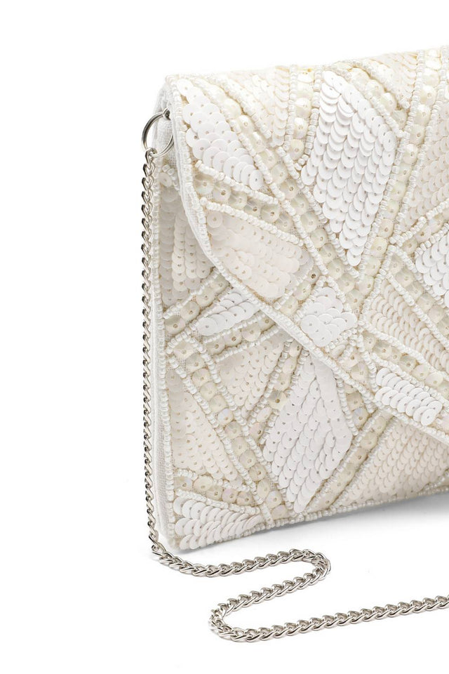 Cream Geometric Sequinned Canvas Sling Bag