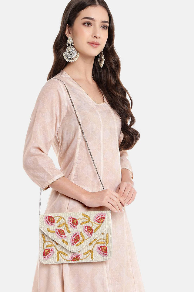 Cream Floral Vine Beaded Canvas Sling Bag