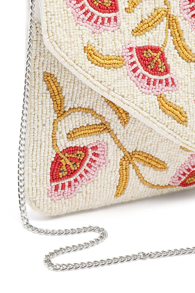Cream Floral Vine Beaded Canvas Sling Bag