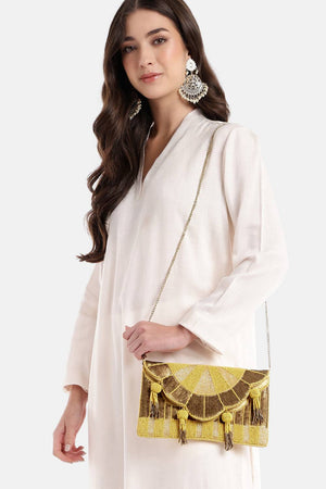 Yellow Sunburst Beaded Satin Sling Bag