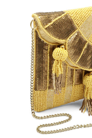 Yellow Sunburst Beaded Satin Sling Bag