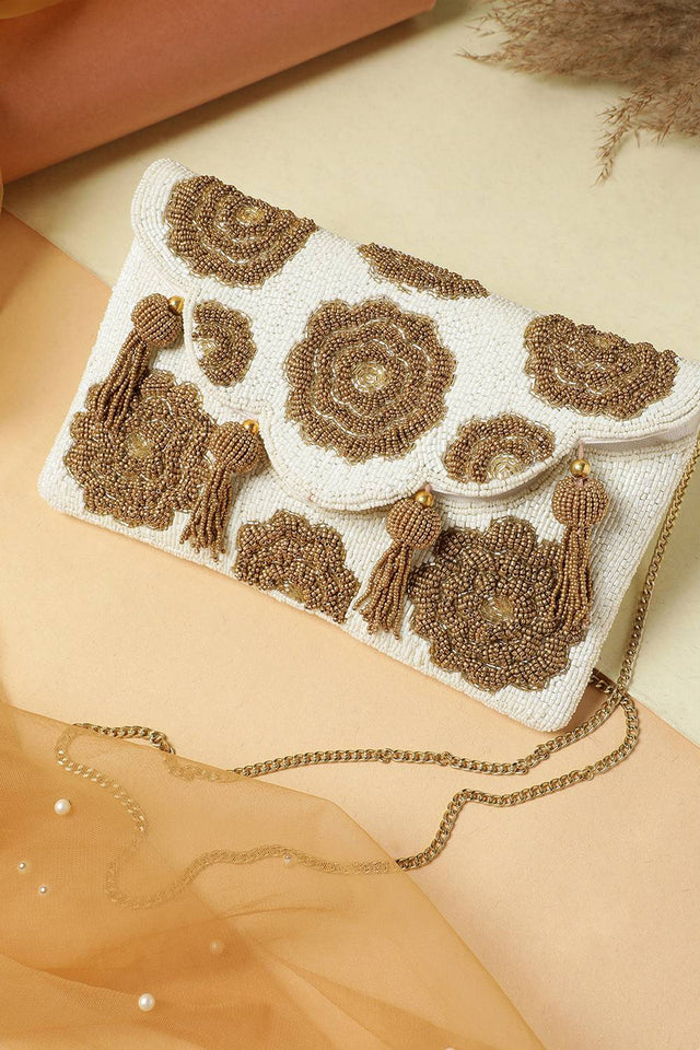 Cream Floral Beadwork Canvas Sling Bag