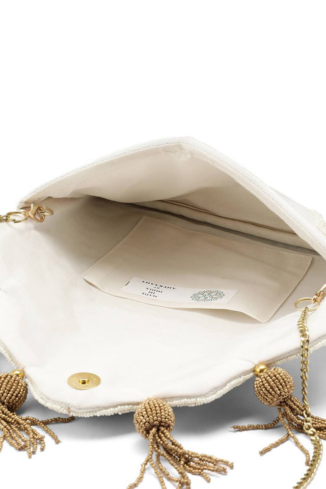 Cream Floral Beadwork Canvas Sling Bag