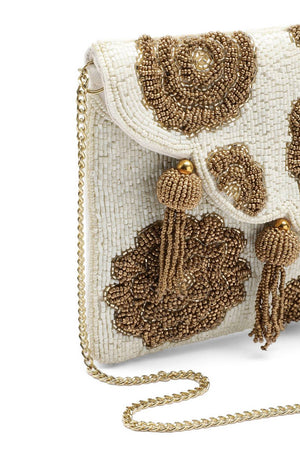 Cream Floral Beadwork Canvas Sling Bag