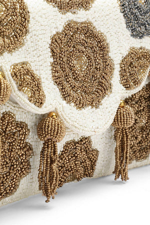 Cream Floral Beadwork Canvas Sling Bag