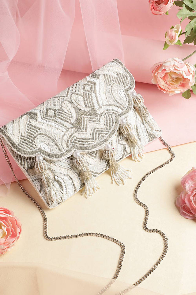 Cream Ethnic Embellished Satin Sling Bag