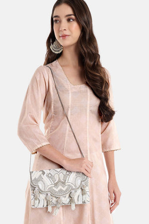 Cream Ethnic Embellished Satin Sling Bag