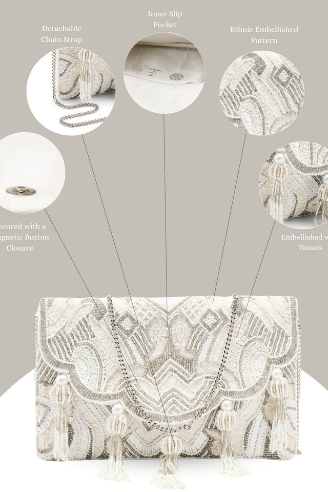 Cream Ethnic Embellished Satin Sling Bag