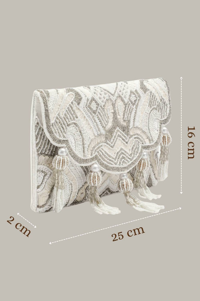 Cream Ethnic Embellished Satin Sling Bag
