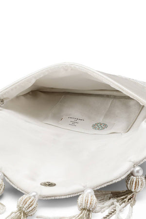 Cream Ethnic Embellished Satin Sling Bag