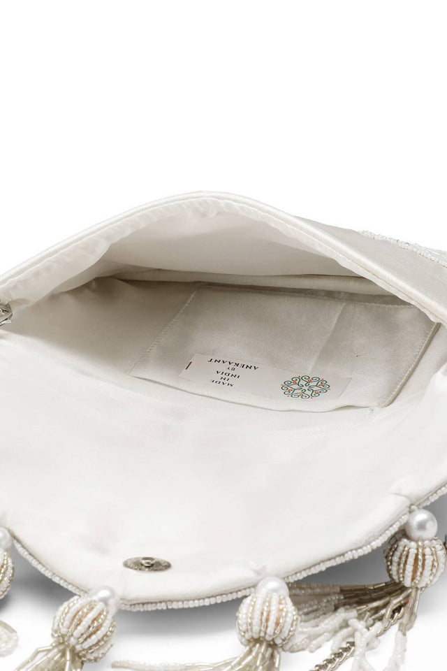 Cream Ethnic Embellished Satin Sling Bag