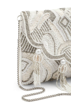 Cream Ethnic Embellished Satin Sling Bag