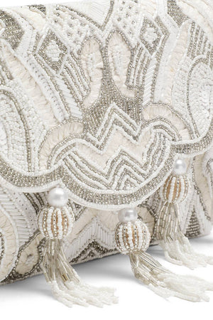 Cream Ethnic Embellished Satin Sling Bag