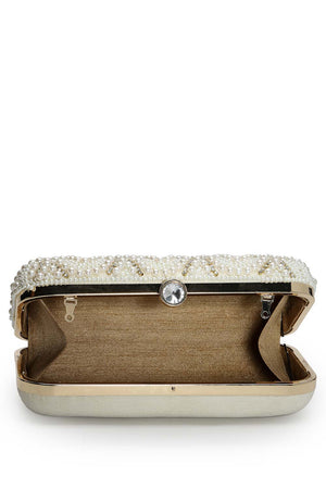 Adorn Off White Pearl Embellished Corduroy Clutch