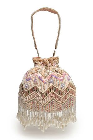 Droop Peach And Multi Chevron Embellished Velvet Potli