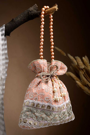 Peach Embroidered Faux Silk Potli