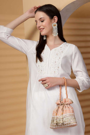 Peach Embroidered Faux Silk Potli