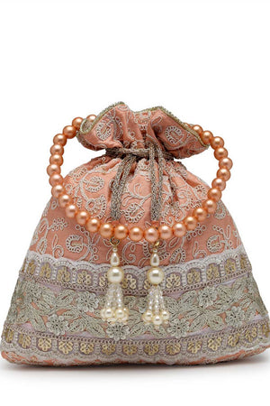 Peach Embroidered Faux Silk Potli