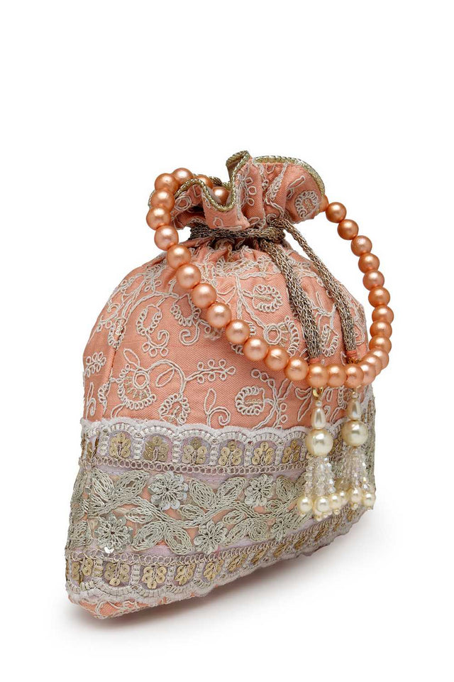 Peach Embroidered Faux Silk Potli