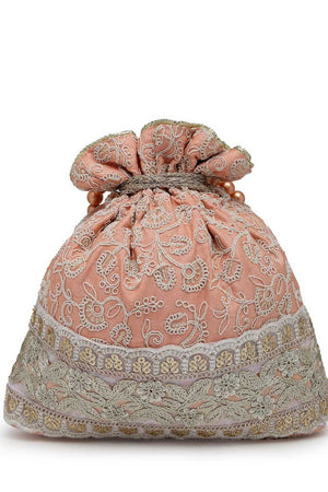 Peach Embroidered Faux Silk Potli