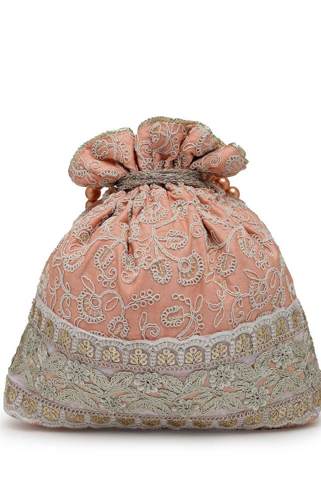 Peach Embroidered Faux Silk Potli