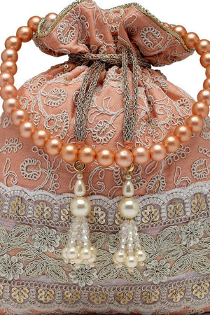 Peach Embroidered Faux Silk Potli