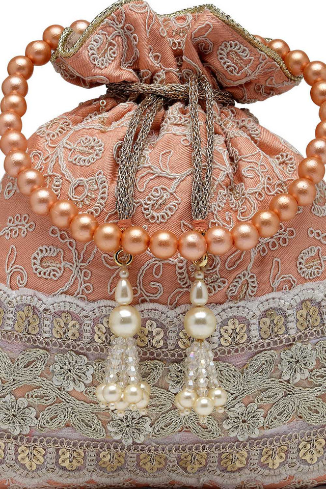 Peach Embroidered Faux Silk Potli
