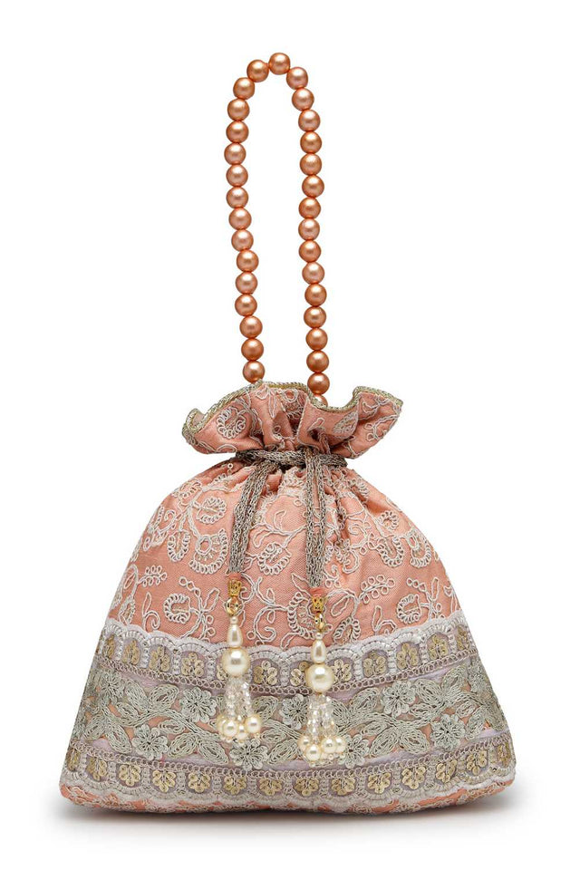 Peach Embroidered Faux Silk Potli