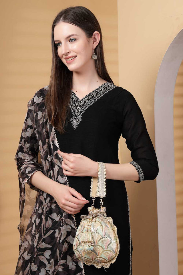 Yellow Embroidered Georgette Potli