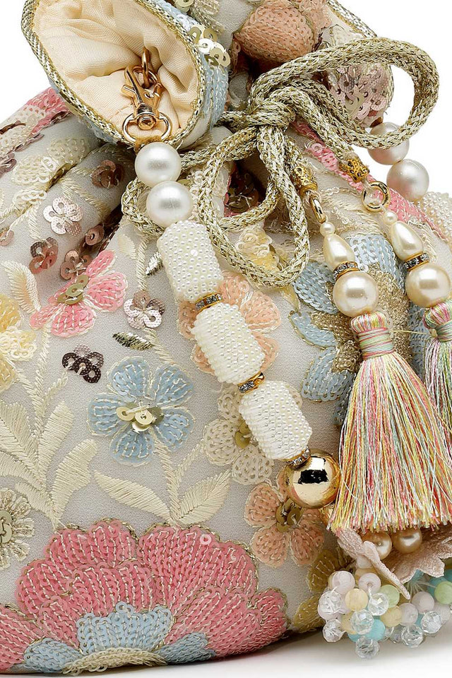 White Embellished Georgette  Potli