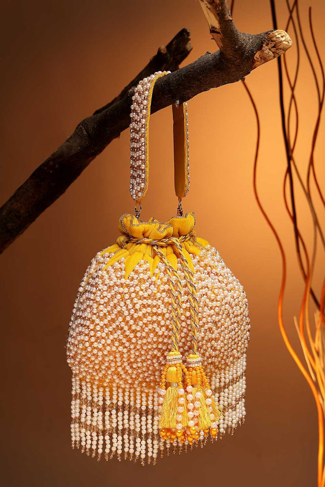 Yellow Embellished Velvet Potli