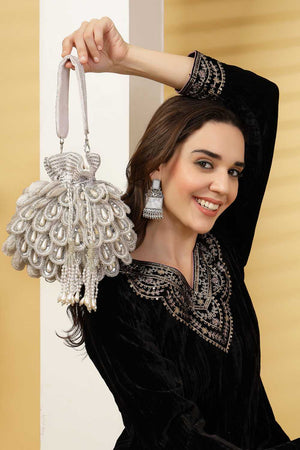 White Embellished Velvet Potli