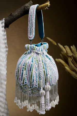 Blue Embellished Velvet Potli