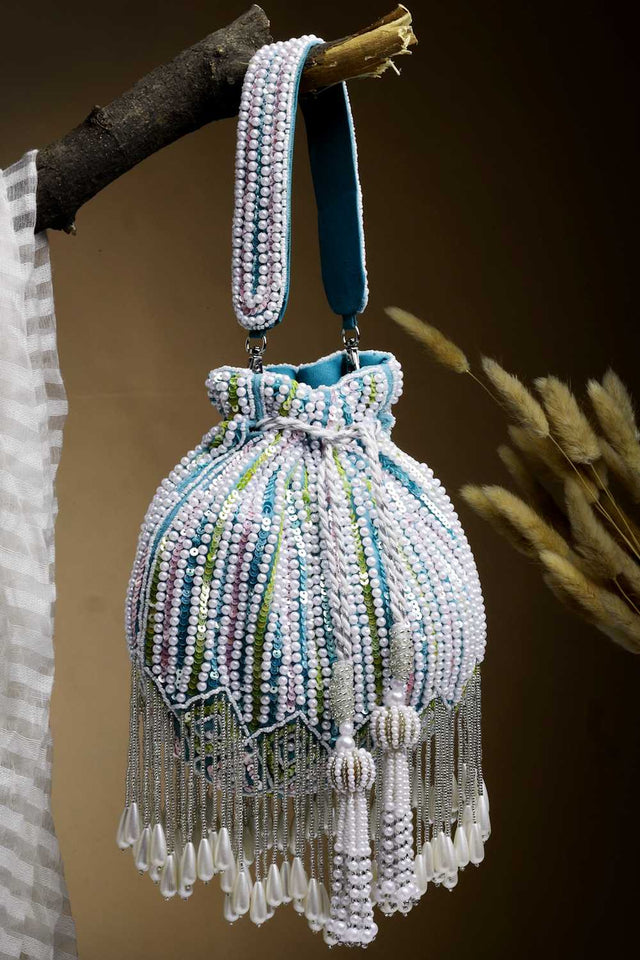 Blue Embellished Velvet Potli