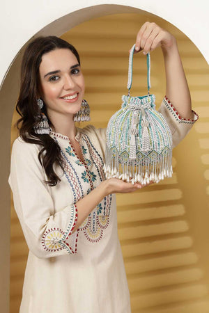 Blue Embellished Velvet Potli