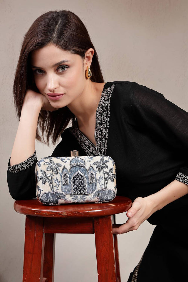 Multi Color Beads Embossed Faux Silk Clutch