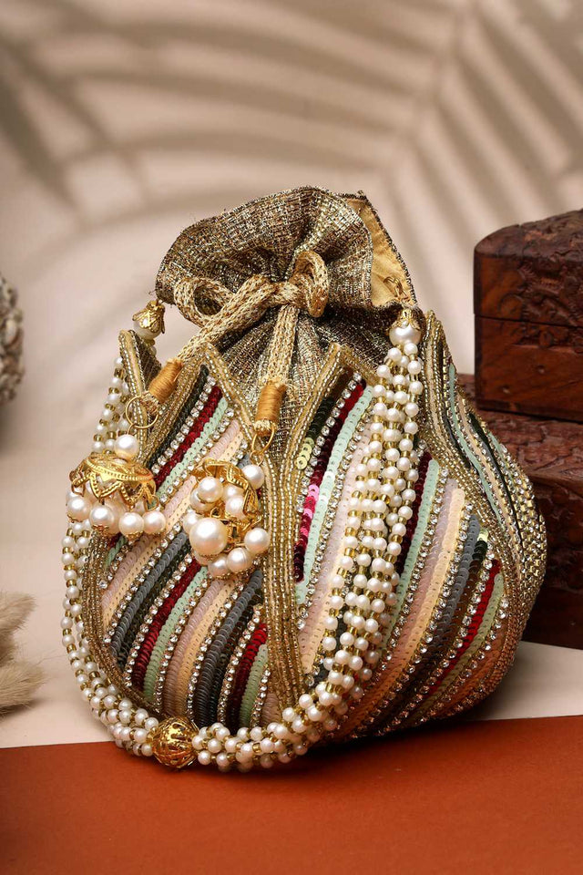 Gold Embellished Faux Silk Potli