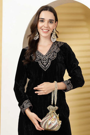 Gold Embellished Faux Silk Potli