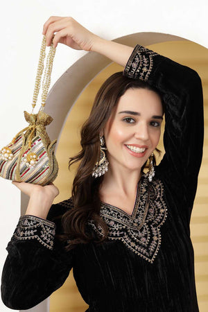 Gold Embellished Faux Silk Potli