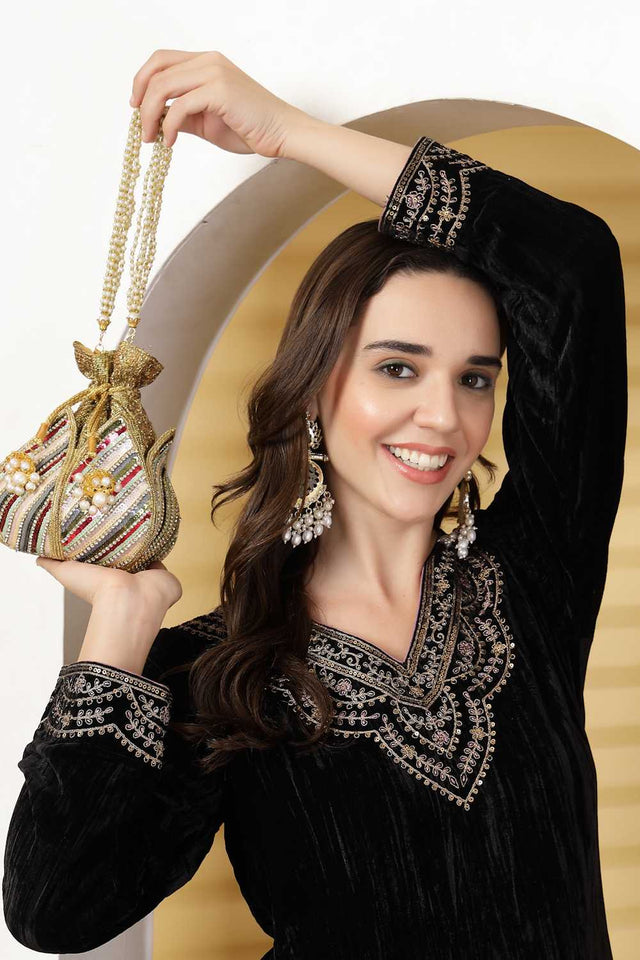 Gold Embellished Faux Silk Potli