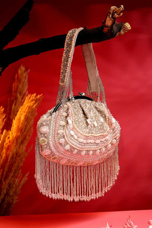 White Embellished Faux Silk Clutch